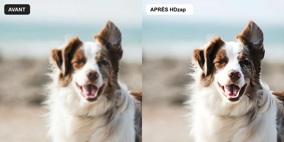 Avant / après : photo de chien floue rendue nette par l'IA HDzap