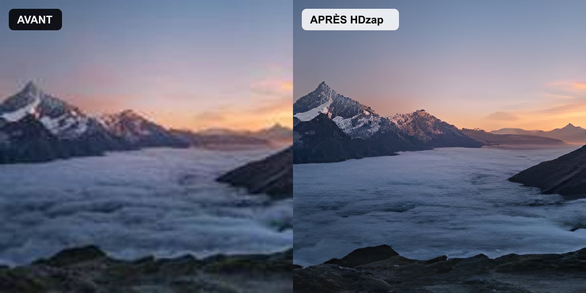 Avant / après : paysage pixelisé agrandi ×4 en haute définition par HDzap