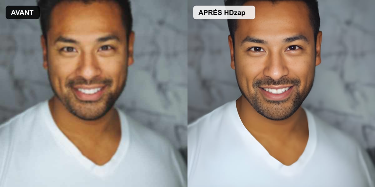 Avant / après : photo floue d'un visage rendue nette par l'IA HDzap