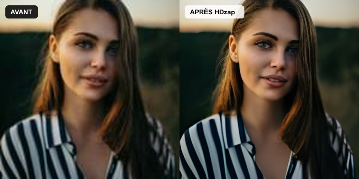 Avant / après : portrait pixelisé rendu net en HD par l'IA HDzap