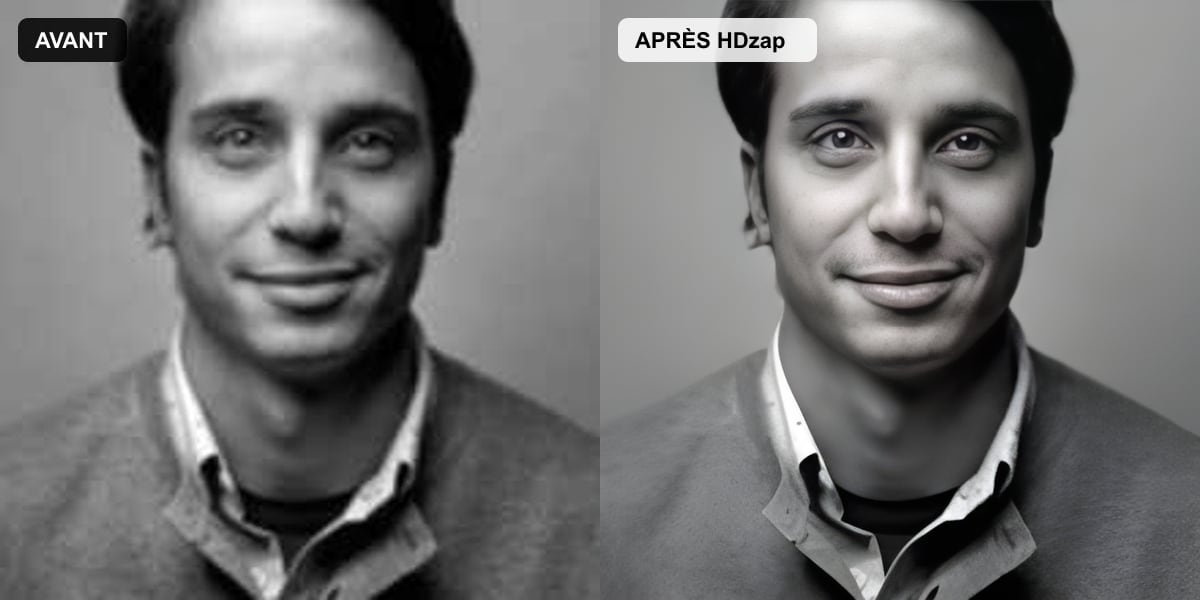 Avant / après : vieille photo noir et blanc floue restaurée par l'IA HDzap